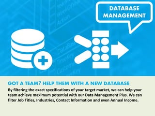 GOT A TEAM? HELP THEM WITH A NEW DATABASE
By filtering the exact specifications of your target market, we can help your
team achieve maximum potential with our Data Management Plus. We can
filter Job Titles, Industries, Contact Information and even Annual Income.
DATABASE
MANAGEMENT
 