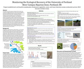 Monitoring the Ecological Recovery of the University of Portland
River Campus Riparian Zone, Portland, OR
Project establishment and baseline woody plant, herbaceous vegetation, avian, and insect diversity surveys conducted summer 2014
Woody Plant Inventory (May 21-27)
•A full inventory, beginning in sector Null (before transect 1) was conducted in which all
woody plants were counted.
•All woody plants were assessed for relative health: good, fair, or poor.
•Locations of trees were plotted on a map.
Herbaceous Vegetation Survey (June 9-18, July 7-11)
•A 1-m2 quadrat was placed at 5-m intervals along each transect, beginning at the
shoreline for odd-numbered transects or at the ridge line for even-numbered transects.
•The side of the transect (N or S) on which the first quadrat was placed was determined by
coin toss, and the subsequent quadrats of that transect alternated sides.
•Percent cover of each plant species located within the quadrat was recorded.
•Transects were surveyed in pairs in random order.
•An additional walkthrough was conducted in early August to scout for plant species not
observed in quadrats.
Avian Surveys (May 21-July 17)
•Avian point count surveys were conducted at each of three stations weekly between
0800 and 1000 hours.
•Between the 29th of May and the end of June an additional weekly point count was
added at a randomly assigned time.
•Duration of point counts was ten minutes, in which the observer recorded all avian
individuals seen or heard, whether each individual was in the riparian zone or within 50
meters of the observer, and which environmental location (air, water, vegetation, ground)
the individual was utilizing.
Insect Capture Surveys (June 6-11, July 7-17)
•Each insect capture session consisted of three consecutive methods performed by two
technicians simultaneously:
1. Ground collection: capture of all insects in a randomly chosen quadrat for 10 minutes
2. Aerial netting: continuous sweeping of the air with 38-cm nets for 5 minutes
3. Targeted capture: capture of conspicuous flying insects within a designated sector for
10 minutes
•Insects were collected in individual containers, frozen, and identified to taxonomic order.
Methods
Results
 22 woody plant species, though 18 were reportedly planted
 90% in poor health, 9% fair, 1% good
 67.4% survival (18.7% if willow stakes included)
 Total of 139 species from 42 families: 29% native, 60% exotic, other
unresolved
 Average of 13.8 species per quadrat
 Most frequent species were exotic: bentgrass (Agrostis spp. 93% of
quadrats), ryegrass (Lolium spp.; 93%), and white clover (Trifolium repens;
87%)
 Most spatially abundant species were exotic: white sweetclover (Melilotus
albus; 57% average cover), bentgrass (44%), and ryegrass (42%)
 Only 3 of 7 hydroseeded species were observed
 Total of 31 avian species observed utilizing the riparian zone
 Swallows (violet-green, barn, and cliff) most frequent
 Average of 15.6 individuals per point count
 Northernmost station statistically more diverse than Southernmost station
 Total of 3988 invertebrates captured from 11 insect orders, three
arachnid orders, and one other order
 Dipterans were most abundant, followed by Homopterans (on account
of aphids) and Hymenopterans
Araneae (Spiders, ticks)
Hemiptera (True bugs)
Coleoptera (Beetles)
Other
Hymenoptera (Bees,
wasps, ants)
Homoptera (Aphids,
leafhoppers)
Diptera (Flies, gnats)
Abstract
The riparian zone of the University of Portland “River Campus” was
surveyed for ecological health by use of avian, insect, and vegetation
surveys after undergoing restoration as a former Superfund site. Lists of
extant plant and bird species were compiled with reasonable
inclusivity. Thirty-one avian species, 15 invertebrate orders, and at least
139 botanical species (40 native, 84 exotic, 5 unresolved, 10
unidentified) were observed. Vegetation surveys showed high
frequency and abundance of exotics, though some native species were
also well-established. Woody shrubs and trees, which were planted by
the University of Portland, were inventoried, mapped, and their health
assessed (22 species, 90% in poor health). The data obtained through
this study are intended to a) inform the University of the success of
restoration activities to date, serve as a baseline for further monitoring
of ecological recovery on this site, and provide observations which may
be used to advise future work. With subsequent summer surveys, it is
anticipated that ecological recovery will be observed, which will
improve the health of the riparian ecosystem, optimizing conditions for
native aquatic species such as salmon.
Background
The study site, commonly known as "River Campus," is a 35 acre plot
at 5828 N Van Houten Place in Portland, OR. The property is part of
the Portland Harbor Superfund Site, and had heavily contaminated
surface water, ground water, and soil after serving a myriad of
industrial uses.1 After purchasing the site, the University of Portland
worked with the EPA to remove and cap the soil hot spots before re-
grading and re-vegetating the riparian zone (approximately 25 meters
from shore), which is the area under current study.2 The University’s
Physical Plant planted native woody species and hydroseeding was
used to distribute a seed mixture of nine native species. Due to its
location and lack of older vegetation, the site experiences high sun and
wind exposure. For the purposes of this study, the riparian zone was
divided into sectors by transects spaced 50 meters apart with relation
to the top ridge line.
Project Goals
The long-term goal of this project is to monitor the ecological recovery
of the riparian zone from past contamination and disturbance. To
accomplish this, species diversity of distinct taxonomic groups will be
surveyed every summer for several years. The purpose of the summer
2014 work, presented here, was to 1) develop a series of reproducible
methods with which to assess the ecological health of the ecosystem,
2) conduct the developed methods—vegetation, avian, and insect
diversity surveys—to provide baseline measurements with which
future surveys can be compared, and 3) inventory the surviving woody
vegetation planted by the University to evaluate to-date restoration
success in preparation for future work on the area. Monitoring
diversity and thus ecological recovery of the riparian zone is expected
to produce data pertinent to the health of salmon, our focal species,
given the successes of similarly designed studies. If the system
develops into a healthy, riparian ecosystem as anticipated, the area
may provide shade and food for salmonid populations.
Hanna Bauer and Katelin D. Stanley
1. U.S. Environmental Protection Agency. April 2009. Statement of Work for the Agreement and
2. Oregon Department of Environmental Quality. April, 2014. Site Summary Report - Details for Site
Administrative Order on the Consent for Bona Fide Prospective Purchaser, University of Portland,
for the Triangle Park Property within the Portland Harbor Superfund Site. (Upland Removal and
Source Action Control, Attachment One). Portland, Oregon. Accessed online: August 2014.
ID 277, Triangle Park - North Portland Yard. (Environmental Cleanup Site Information Database).
Portland, Oregon. Accessed online: August 2014.
<http://www.deq.state.or.us/lq/ECSI/ecsidetail.asp?seqnbr=277>
References
Figure 2 (left): Woody plant
individuals reportedly planted
compared to woody plant
individuals inventoried during
survey
Figure 3 (right): Yellow currant
exhibiting poor condition as
evidenced by discoloration and
limited growth
0
100
200
300
400
500
600
700
Individuals
Planted total
Observed total
Figure 4: Depictions of representative vegetation as observed in south sectors (left), central sectors (center), and
north sectors (right)
Species Frequency (%)
Violet-green swallow 62
Barn swallow 60
Swallow spp. 40
American crow 38
Canada goose 33
Cliff swallow 33
Killdeer 33
European starling 31
American goldfinch 24
Table 1 (left): Nine most
frequently observed avian
species. All other species were
observed at less than 15%
frequency.
Figure 1: Representation of
river campus riparian area
division into designated
transects, for vegetation
and insect ground
collection, and sectors, for
woody plant inventory and
insect aerial collection. Blue
arrows indicate avian point
count stations.
North
Figure 6 (left): Bumblebee (Bombus
spp.) pollinating exotic white
sweetclover (Melilotus albus) in mid-
July. Bumblebees and honeybees
were abundant in warmer months of
late summer.
Figure 7 (above): Distribution of collected insects.
Figure 5 (right): Tree swallow
utilizing the sandy shoreline of
the riparian zone.
Discussion and Reexamination of Goals
The future for the riparian zone of River Campus appears promising. Though the
majority of plant species were exotic, several native species were observed
colonizing the area. Some of these species, as well as several abundant exotics, are
nitrogen-fixing and may thus be improving the nutrient quality of the soil. Avian
activity in the area was somewhat low, but many additional species were heard in
neighboring areas that have the potential to emigrate once the habitat of River
Campus improves. Insect activity was promising due to the abundance of
pollinating species—vital for plant success and reproduction—and Dipterans, which
are important as a food source for birds and fish.
While these qualitative observations were made, our results do not quantitatively
indicate trends of ecological recovery due to the lack of comparative data. Rather,
the data collected during this season will be used as a foundation to which future
surveys will be compared. This will be possible due to the reproducibility of the
methods we developed, as vegetation, avian, and insect surveys were standardized
and proved easy to repeat. In addition, we were able to complete a comprehensive
inventory and map of woody plants in the riparian zone, which can be used for
future comparison as well as immediate analysis of restoration success. Because
each of our goals was met, we consider this summer 2014 season a success.
 