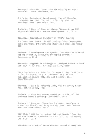 Karshgar Industrial Zone, USD 366,000, by Karshgar
Industrial Zone Committee, 2011
Logistics Industrial Development Plan of Shenzhen
Guangming New District, USD 11,000, by Shenzhen
Transportation Commission, 2011
Industrial Plan of Shenzhen Dapeng/Wangmu Area, USD
66,000 by Kaisa Real Estate Development Co., 2011
Financial Supporting Strategy on CIMC’s Oversea
Business Development, USD120，000 by China Development
Bank and China International Maritime Containers Group,
2011
Industrial Development and Spatial Distribution Plan of
Dapeng Township, USD66,000 by Dapeng Township
Government, 2011
Financial Supporting Strategy to Karshgar Economic Zone,
USD 66,000, by China Development Bank, 20111
City Logistics – a Solution for Mega Cities in China at
2030, USD 20,000, a joint research program and
publication amoung CDI, DHL and Siemens, 2011
Bonn/Shenzhen
Industrial Plan of Henggang Area, USD 66,000 by Kaisa
Real Estate Group, 2011
Industrial Plan for Nanwan Township, USD 66,000, By
Shenzhen Nanwan Township Government, 2012
Industrial Plan for Changchun Equipment Manufacture
Zone, USD 72,000, By Changchun Equipment Manufacture
Zone Administration, 2012
ZTE Global SCM Center Industrial and Spatial Function
Plan in Qianhai, Shenzhen, USD 130,000, by ZTE Supply
Chain Co., 2012
Feasibility Study of China Western Mental Trading and
9
 