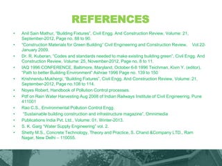REFERENCES
• Anil Sain Mathur, “Building Fixtures”, Civil Engg. And Construction Review, Volume: 21,
September-2012, Page no. 88 to 90.
• “Construction Materials for Green Building” Civil Engineering and Construction Review, Vol.22-
January 2009.
• Dr. R. Kuberan, “Codes and standards needed to make existing building green”, Civil Engg. And
Construction Review, Volume: 25, November-2012, Page no. 8 to 11.
• IAQ 1996 CONFERENCE, Baltimore, Maryland, October 6-8 1996 Teichman, Kivin Y. (editor),
“Path to better Building Environment” Ashrae 1996 Page no. 139 to 150
• Krishnendu Mukhergi, “Building Fixtures”, Civil Engg. And Construction Review, Volume: 21,
September-2012, Page no.108 to 114.
• Noyes Robert, Handbook of Pollution Control processes.
• Pdf on Rain Water Harvesting Aug 2008 of Indian Railways Institute of Civil Engineering, Pune
411001
• Rao C.S., Environmental Pollution Control Engg.
• “Sustainable building construction and infrastructure magazine”, Omnimedia
• Publications India Pvt. Ltd., Volume: 01, Winter-2013.
• S. K. Garg “Water Supply Engineering” vol. 2.
• Shetty M.S., Concrete Technology, Theory and Practice, S. Chand &Company LTD., Ram
Nagar, New Delhi – 110055.
 