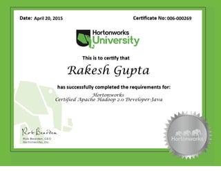 Rakesh Gupta
Hortonworks
Certified Apache Hadoop 2.0 Developer-Java
April 20, 2015 006-000269
 