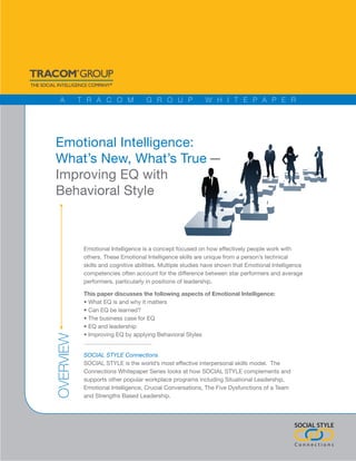 OVERVIEW
Emotional Intelligence is a concept focused on how effectively people work with
others. These Emotional Intelligence skills are unique from a person’s technical
skills and cognitive abilities. Multiple studies have shown that Emotional Intelligence
competencies often account for the difference between star performers and average
performers, particularly in positions of leadership.
This paper discusses the following aspects of Emotional Intelligence:
• What EQ is and why it matters
• Can EQ be learned?
• The business case for EQ
• EQ and leadership
• Improving EQ by applying Behavioral Styles
SOCIAL STYLE Connections
SOCIAL STYLE is the world’s most effective interpersonal skills model. The
Connections Whitepaper Series looks at how SOCIAL STYLE complements and
supports other popular workplace programs including Situational Leadership,
Emotional Intelligence, Crucial Conversations, The Five Dysfunctions of a Team
and Strengths Based Leadership.
A T R A C O M G R O U P W H I T E P A P E R
C o n n e c t i o n s
SOCIAL STYLE
Emotional Intelligence:
What’s New, What’s True—
Improving EQ with
Behavioral Style
 