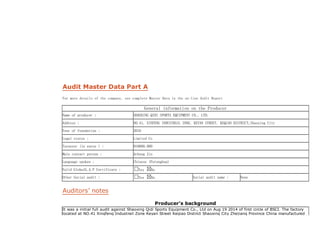 Audit Master Data Part A
For more details of the company, see complete Master Data in the on-line Audit Report
General information on the Producer
Name of producer : SHAOXING QIDI SPORTS EQUIPMENT CO., LTD.
Address : NO.41, XINFENG INDUSTRAIL ZONE, KEYAN STREET, KEQIAO DISTRICT,Shaoxing City
Year of foundation : 2010
Legal status : Limited Co
Turnover (in euros ) : 919000.000
Main contact person : Acheng Jin
Language spoken : Chinese (Putonghua)
Valid GlobalG.A.P Certificate : Yes No
Other Social audit : Yes No Social audit name : None
Auditors’ notes
Producer’s background
It was a initial full audit against Shaoxing Qidi Sports Equipment Co., Ltd on Aug 19 2014 of first circle of BSCI. The factory
located at NO.41 Xingfeng Industrail Zone Keyan Street Keqiao District Shaoxing City Zhejiang Province China manufactured
 