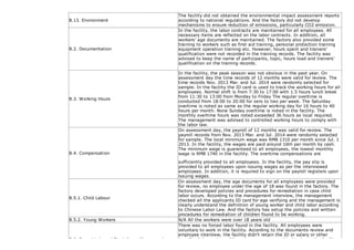 the factory for review.
B.13. Environment
The facility did not obtained the environmental impact assessment reports
according to national regulations. And the factory did not develop
mechanisms to ensure reduction of emissions, particularly CO2 emission.
B.2. Documentation
In the facility, the labor contracts are maintained for all employees. All
necessary items are reflected on the labor contracts. In addition, all
workers’ age documents are maintained. The factory also provided some
training to workers such as first aid training, personal protection training
equipment operation training etc. However, hours spent and trainers'
qualification were not recorded in the training records. The facility was
advised to keep the name of participants, topic, hours load and trainers'
qualification on the training records.
B.3. Working Hours
In the facility, the peak season was not obvious in the past year. On
assessment day the time records of 12 months were valid for review. The
time records Nov. 2013 Mar. and Jul. 2014 were randomly selected for
sample. In the facility the ID card is used to track the working hours for all
employees. Normal shift is from 7:30 to 17:00 with 1.5 hours lunch break
from 11:30 to 13:00 from Monday to Friday The regular overtime is
conducted from 18:00 to 20:00 for zero to two per week. The Saturday
overtime is noted as same as the regular working day for 16 hours to 40
hours per month. None Sunday overtime is noted in the facility. The
monthly overtime hours was noted exceeded 36 hours as local required.
The management was advised to controlled working hours to comply with
the labor law.
B.4. Compensation
On assessment day, the payroll of 12 months was valid for review. The
payroll records from Nov. 2013 Mar. and Jul. 2014 were randomly selected
for sample. The local minimum wage was RMB 1310 per month since Jul. 1
2013. In the facility, the wages are paid around 16th per month by cash.
The minimum wage is guaranteed to all employees, the lowest monthly
wage is RMB 1740 in the facility. The overtime compensations are
sufficiently provided to all employees. In the facility, the pay slip is
provided to all employees upon issuing wages as per the interviewed
employees. In addition, it is required to sign on the payroll registers upon
issuing wages.
B.5.1. Child Labour
On assessment day, the age documents for all employees were provided
for review, no employee under the age of 18 was found in the factory. The
factory developed policies and procedures for remediation in case child
labor occurs. According to the management interview, the management
checked all the applicants ID card for age verifying and the management is
clearly understand the definition of young worker and child labor according
to Chinese Labor Law. And the factory has setup the policies and written
procedures for remediation of children found to be working.
B.5.2. Young Workers N/A All the workers were over 18 years old
B.6. Forced Labour / Disciplinary Measures /
There was no forced labor found in the facility. All employees were
voluntary to work in the facility. According to the documents review and
employee interview, the facility didn't retain the ID or salary or other
benefit of the workers. All employees were permitted to leave the facility
 