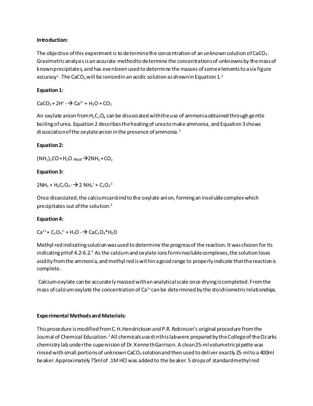Gravimetric Determination Of Calcium Concentration In Caco3
