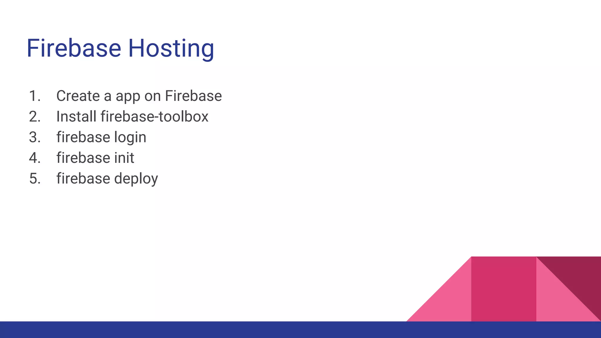 Firebase Hosting
1. Create a app on Firebase
2. Install firebase-toolbox
3. firebase login
4. firebase init
5. firebase deploy
 