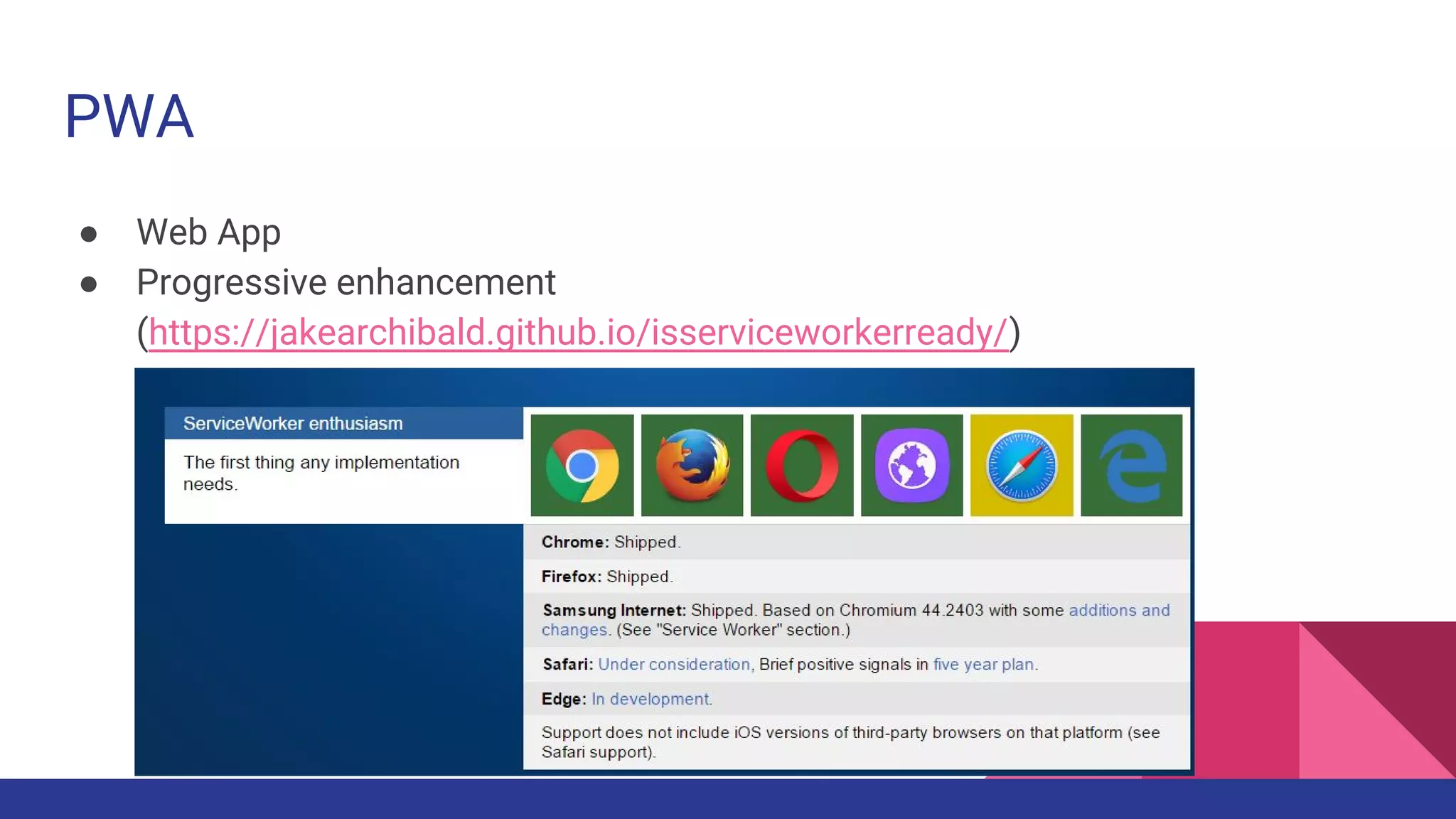 PWA
● Web App
● Progressive enhancement
(https://jakearchibald.github.io/isserviceworkerready/)
 