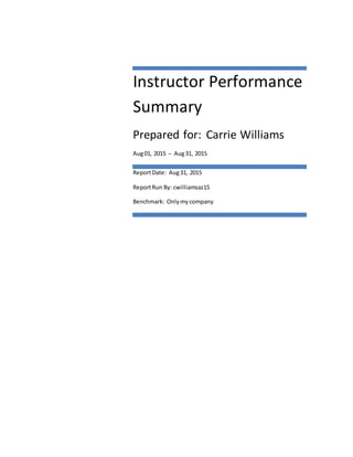 Instructor Performance
Summary
Prepared for: Carrie Williams
Aug01, 2015 – Aug31, 2015
ReportDate: Aug31, 2015
ReportRun By: cwilliamsaz15
Benchmark: Onlymy company
 