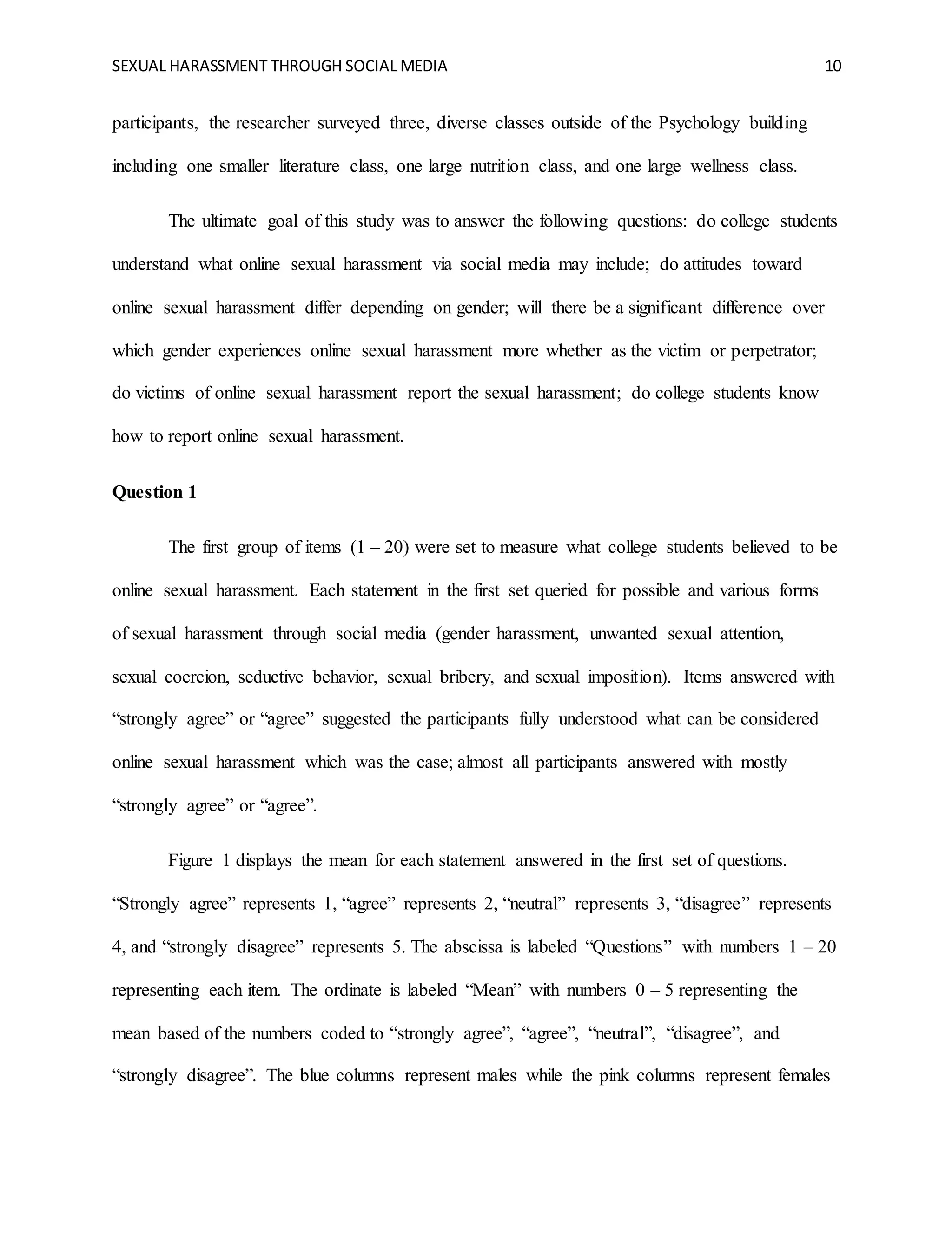 SEXUAL HARASSMENT THROUGH SOCIAL MEDIA 10
participants, the researcher surveyed three, diverse classes outside of the Psychology building
including one smaller literature class, one large nutrition class, and one large wellness class.
The ultimate goal of this study was to answer the following questions: do college students
understand what online sexual harassment via social media may include; do attitudes toward
online sexual harassment differ depending on gender; will there be a significant difference over
which gender experiences online sexual harassment more whether as the victim or perpetrator;
do victims of online sexual harassment report the sexual harassment; do college students know
how to report online sexual harassment.
Question 1
The first group of items (1 – 20) were set to measure what college students believed to be
online sexual harassment. Each statement in the first set queried for possible and various forms
of sexual harassment through social media (gender harassment, unwanted sexual attention,
sexual coercion, seductive behavior, sexual bribery, and sexual imposition). Items answered with
“strongly agree” or “agree” suggested the participants fully understood what can be considered
online sexual harassment which was the case; almost all participants answered with mostly
“strongly agree” or “agree”.
Figure 1 displays the mean for each statement answered in the first set of questions.
“Strongly agree” represents 1, “agree” represents 2, “neutral” represents 3, “disagree” represents
4, and “strongly disagree” represents 5. The abscissa is labeled “Questions” with numbers 1 – 20
representing each item. The ordinate is labeled “Mean” with numbers 0 – 5 representing the
mean based of the numbers coded to “strongly agree”, “agree”, “neutral”, “disagree”, and
“strongly disagree”. The blue columns represent males while the pink columns represent females
 