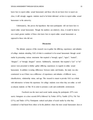 SEXUAL HARASSMENT THROUGH SOCIAL MEDIA 15
know how to report online sexual harassment and those who do not know how to report are
close, it still strongly suggests students need to be better informed on how to report online sexual
harassment to the university.
Unfortunately, this proves the hypothesis that most participants will not know how to
report online sexual harassment. Though the numbers are relatively close, it would be ideal to
see a much greater number of those who knew how to report online sexual harassment as
opposed to those who did not.
Discussion
The ultimate purpose of this research was to gather the differing experiences and attitudes
of college students attending SAU of what is considered to be sexual harassment through social
media by presenting various statements that required a “strongly agree”, “agree”, “neutral”,
“disagree”, or “strongly disagree” answer. Additionally, statements that required a “yes” or “no”
answer were presented to further gather differing experiences in regards to online sexual
harassment. In addition to noting differences between males and females, the study was also
constructed to see if there was a difference of experiences and attitudes of different races,
classifications, relationship status, and age. This research is meant to provide SAU as a whole
with information to better the experience for college students even when they are online as well
as educate students on Title IX in order to promote a safe and comfortable environment.
Facebook was the most used social media among the participants (97% were
users). Instagram at a close second (94%) followed by Twitter (85%), Tumblr (23%), Yik Yak
(21%), and Tinder (15%). Participants ranked each plane of social media by what they
considered or had heard from others to be the platform where the most sexual harassment does or
 