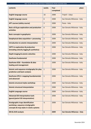 NOT TO BE DISCLOSED WITHOUT PERMISSION FROM HESHAM ESSA
December 2014
contents weeks Year
completed
place
English language course 16 2008 Tripoli C Libya
English language course 6 2008 San Donato Milanese - Italy
APT courses (safety course) 3 2008 Pavia - Italy
Basic oil & gas exploration and production
activities
6 2008 San Donato Milanese - Italy
Basic concepts in geophysics 1 2008 San Donato Milanese - Italy
Geophysical data acquisition + processing 2 2008 San Donato Milanese - Italy
Introduction to seismic interpretation 1 2008 San Donato Milanese - Italy
VSPS in exploration & production
(including velocity logging & synthetics)
? 2008 San Donato Milanese - Italy
Depth imaging & seismic velocities 1 2008 San Donato Milanese - Italy
Geoframe fundamental 1 2008 San Donato Milanese - Italy
Geoframe IESX C foundation & data
loading and management
1 2008 San Donato Milanese - Italy
Seismic and sequence stratigraphy for play
prediction and basin analysis
1 2008 San Donato Milanese - Italy
Geoframe CPS-3- mapping foundamentals
and advanced
1 2008 San Donato Milanese - Italy
Seismic structural styles workshop 1 2008 San Donato Milanese - Italy
Seismic structural interpretation 1 2008 San Donato Milanese - Italy
English Language course 2 2008 San Donato Milanese - Italy
Advanced 3D interpretative tools
(geoviz/petrel 3D interpretation)
1 2008 San Donato Milanese - Italy
Stratigraphic traps identification
workshop: sequence stratigraphic
concepts & trap styles in clastic systems
? 2008 San Donato Milanese - Italy
DHI & AVO analysis 1 2009 San Donato Milanese - Italy
 