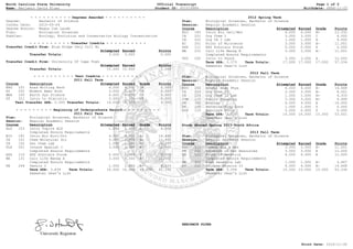 North Carolina State University Official Transcript Page 1 of 2
Name: Benjamin David Pluer Student ID: 001019984 Birthdate: XXXX-11-25
BENJAMIN PLUER
- - - - - - - - - - Degrees Awarded - - - - - - - - - -
Degree: Bachelor of Science
Confer Date: 2015-05-09
Degree Honors: Magna Cum Laude
Plan: Biological Sciences
SubPlan: Ecology, Evolution and Conservation Biology Concentration
- - - - - - - - - - Transfer Credits - - - - - - - - - -
Transfer Credit From: Blue Ridge Cmty Coll Nc
Attempted Earned Points
Transfer Totals: 3.000 3.000 0.000
Transfer Credit From: University Of Cape Town
Attempted Earned Points
Transfer Totals: 15.000 15.000 0.000
- - - - - - - - - - Test Credits - - - - - - - - - -
2011 Fall Term
Course Description Attempted Earned Grade Points
ENG 101 Acad Writing Rsch 4.000 4.000 CR 0.000
HI 252 Modern Amer Hist 3.000 3.000 CR 0.000
MEA 100 Earth Sys Science 4.000 4.000 CR 0.000
ST 311 Intro to Statistic 3.000 3.000 CR 0.000
Test Transfer GPA: 0.000 Transfer Totals: 14.000 14.000 0.000
- - - - - - - - - Beginning of Undergraduate Record - - - - - - - - -
2011 Fall Term
Plan: Biological Sciences, Bachelor of Science
Session: Regular Academic Session
Course Description Attempted Earned Grade Points
ALS 103 Intro Topics ALS 1.000 1.000 A 4.000
Completed Honors Requirements
BIO 181 Intro Bio Ecol/Div 4.000 4.000 A- 14.668
CH 101 Chem Molecular Sci 3.000 3.000 A- 11.001
CH 102 Gen Chem Lab 1.000 1.000 A+ 4.333
FLS 201 Interm Spanish I 3.000 3.000 A 12.000
Completed Honors Requirements
HSS 110 HSS Scholars Forum 0.000 0.000 S 0.000
MA 131 Calc Life Manag A 3.000 3.000 A- 11.001
Completed Honors Requirements
PE 249 Tennis I 1.000 1.000 A+ 4.333
Term GPA: 3.834 Term Totals: 16.000 16.000 16.000 61.336
Semester Dean's List
2012 Spring Term
Plan: Biological Sciences, Bachelor of Science
Session: Regular Academic Session
Course Description Attempted Earned Grade Points
BIO 183 Intro Bio Cell/Mol 4.000 4.000 B+ 13.332
CH 221 Org Chem I 3.000 3.000 C 6.000
CH 222 Org CH I Lab 1.000 1.000 A 4.000
EC 201 Princ of Microecon 3.000 3.000 A- 11.001
HSS 111 HSS Scholars Forum 0.000 0.000 S 0.000
MA 231 Calc Life Manag B 3.000 3.000 A- 11.001
Completed Honors Requirements
PSY 200 Intro to Psych 3.000 3.000 A 12.000
Term GPA: 3.373 Term Totals: 17.000 17.000 17.000 57.334
Semester Dean's List
2012 Fall Term
Plan: Biological Sciences, Bachelor of Science
Session: Regular Academic Session
Course Description Attempted Earned Grade Points
BIO 250 Animal Anat Phys 4.000 4.000 A- 14.668
CH 223 Org Chem II 3.000 3.000 B- 8.001
CH 224 Org Chem II Lab 1.000 1.000 A+ 4.333
COM 110 Public Speaking 3.000 3.000 B+ 9.999
PB 360 Ecology 4.000 4.000 A 16.000
PE 105 Aerobics/Body Cond 1.000 1.000 S 0.000
USP 110 Scholars Forum 0.000 0.000 S 0.000
Term GPA: 3.533 Term Totals: 16.000 16.000 15.000 53.001
Semester Dean's List
Study Abroad Spring 2013-South Africa
2013 Fall Term
Plan: Biological Sciences, Bachelor of Science
Session: Regular Academic Session
Course Description Attempted Earned Grade Points
ENG 333 Commun Sci & Res 3.000 3.000 A- 11.001
FW 221 Conserve of Nat Resources 3.000 3.000 A 12.000
GN 311 Princ of Genetics 4.000 4.000 B 12.000
Completed Honors Requirements
GN 312 Elem Genetics Lab 1.000 1.000 A- 3.667
PY 212 College Physics II 4.000 4.000 A- 14.668
Term GPA: 3.556 Term Totals: 15.000 15.000 15.000 53.336
Semester Dean's List
Print Date: 2016-11-30
 