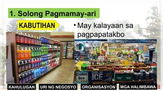 ORGANISASYON
KAHULUGAN MGA HALIMBAWA
URI NG NEGOSYO
1. Solong Pagmamay-ari
KABUTIHAN • May kalayaan sa
pagpapatakbo
 