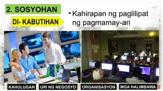 ORGANISASYON
KAHULUGAN MGA HALIMBAWA
URI NG NEGOSYO
2. SOSYOHAN
DI- KABUTIHAN
• Kahirapan ng paglilipat
ng pagmamay-ari
 