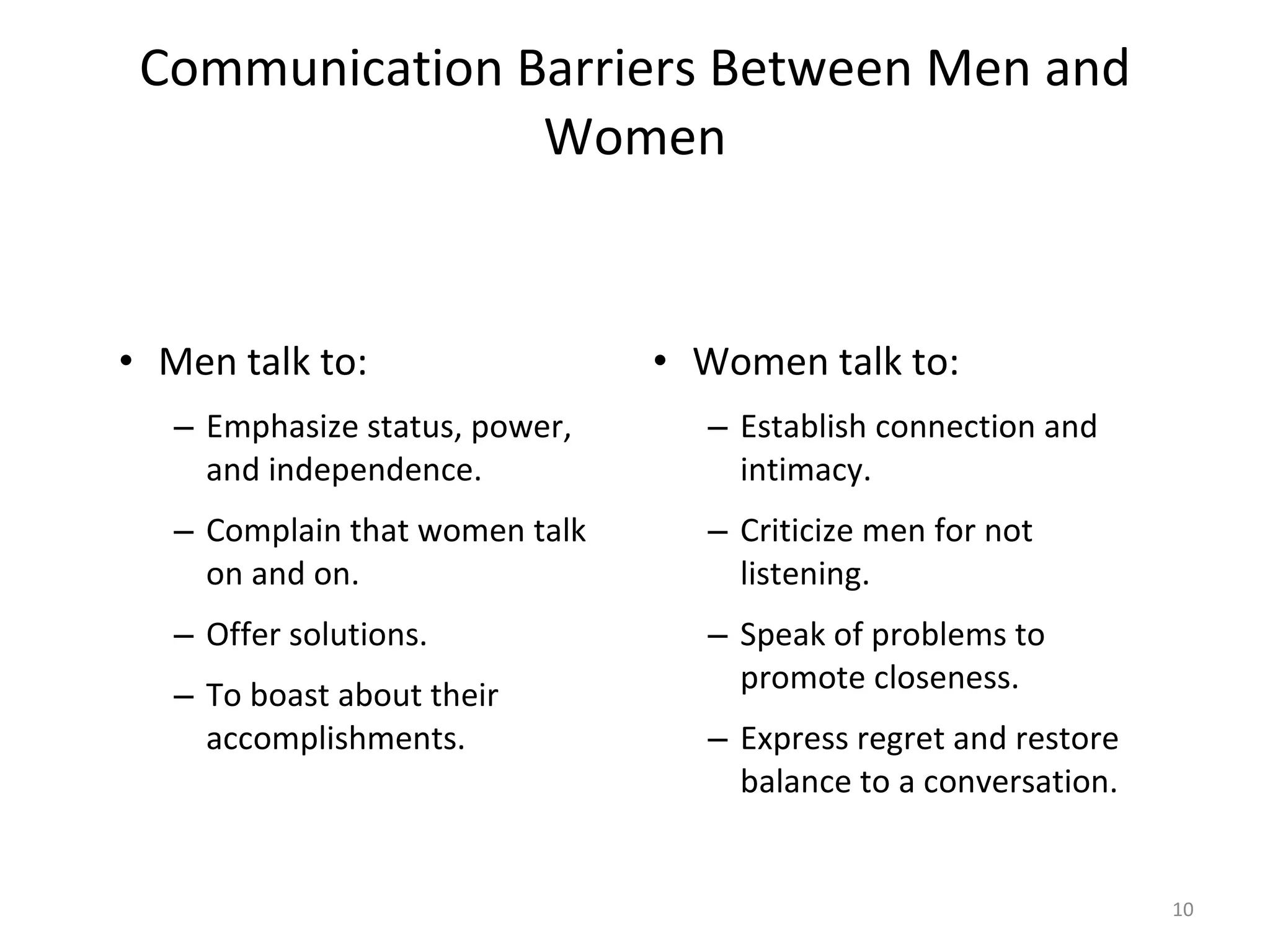 Communication Barriers Between Men and Women Men talk to: Emphasize status, power, and independence. Complain that women talk on and on. Offer solutions. To boast about their accomplishments. Women talk to: Establish connection and intimacy. Criticize men for not listening. Speak of problems to promote closeness. Express regret and restore balance to a conversation. 