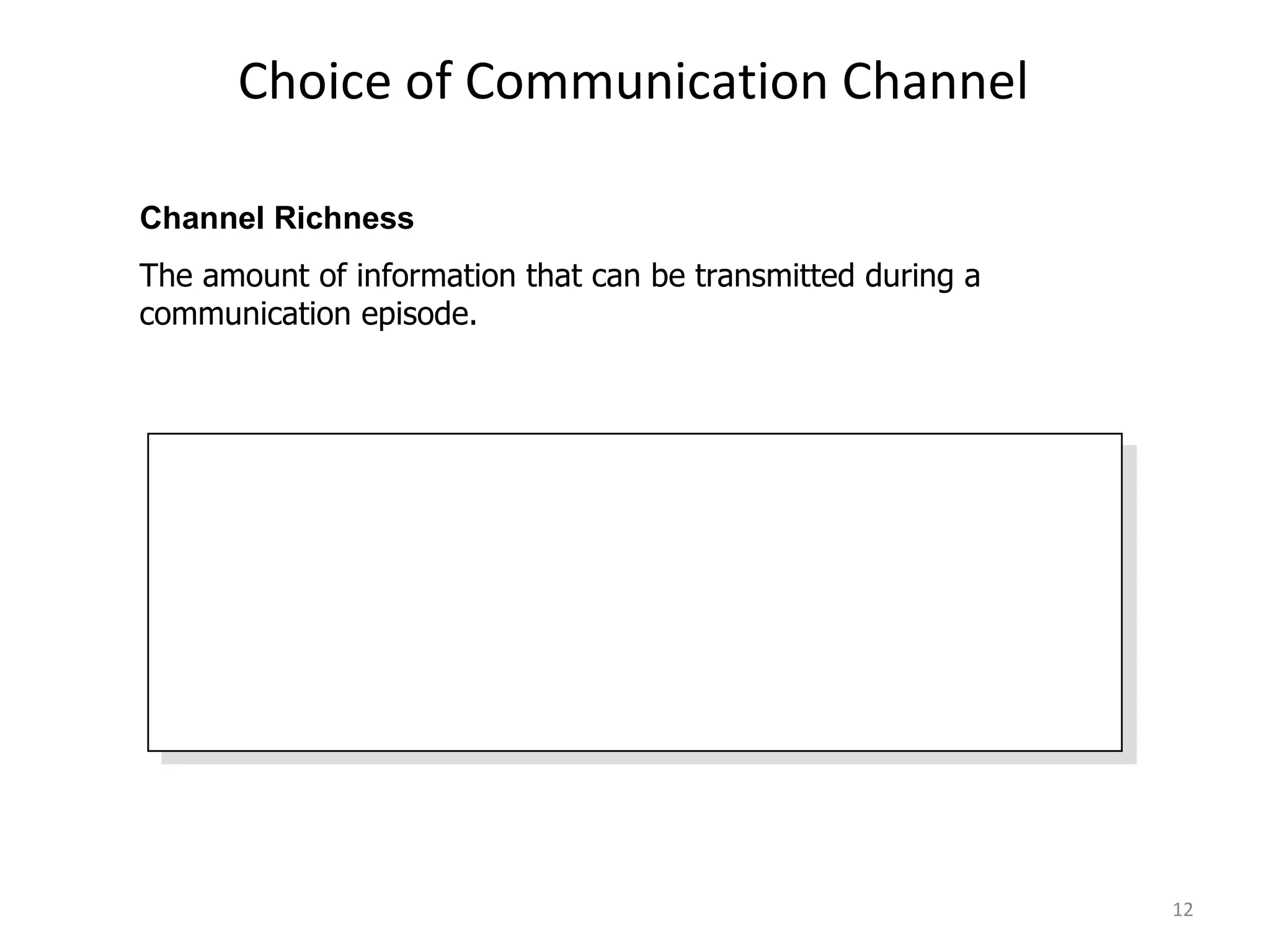 Choice of Communication Channel Characteristics of Rich Channels Handle multiple cues simultaneously. Facilitate rapid feedback. Are very personal in context. Channel Richness The amount of information that can be transmitted during a communication episode. 