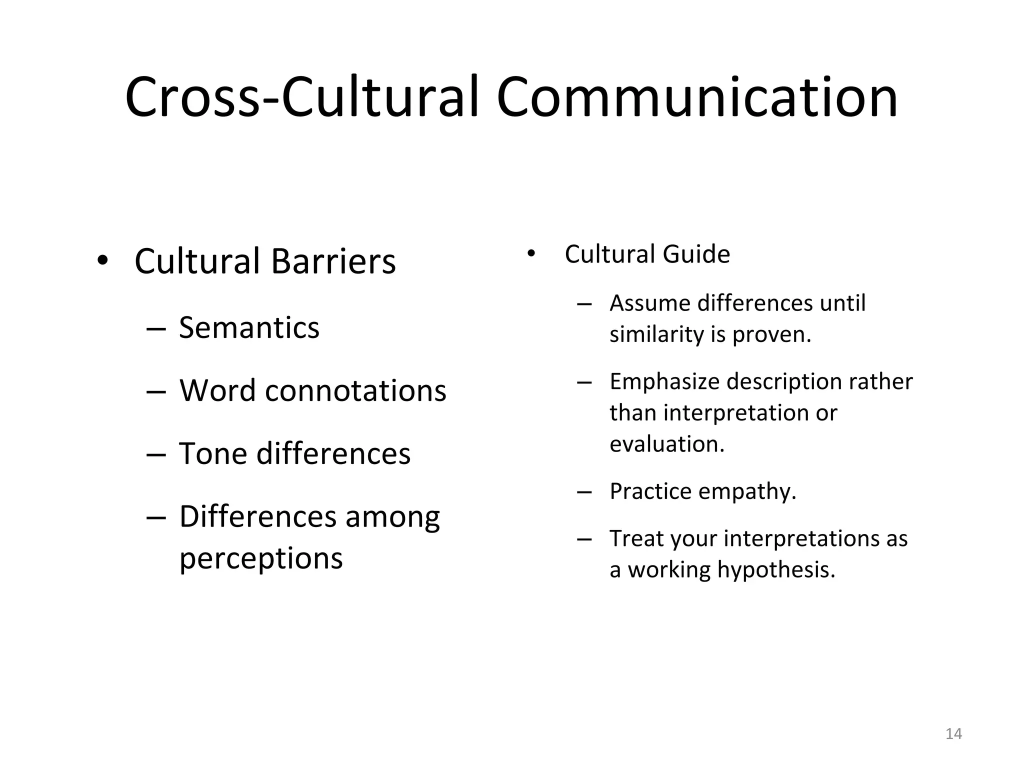 Cross-Cultural Communication Cultural Barriers Semantics Word connotations Tone differences Differences among perceptions Cultural Guide Assume differences until similarity is proven. Emphasize description rather than interpretation or evaluation. Practice empathy.  Treat your interpretations as a working hypothesis.  