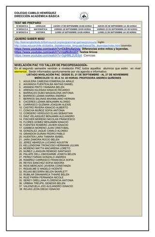 COLEGIO CAMILO HENRÍQUEZ
DIRECCIÓN ACADÉMICA BÁSICA
TEST ME PREPARO
¡QUIERO SABER MÁS!
http://learnenglishkids.britishcouncil.org/es/grammar-games/pronouns Inglés
http://odas.educarchile.cl/objetos_digitales/odas_lenguaje/basica/5to_leyendas/index.html Leyendas
https://www.youtube.com/watch?v=CkSHyXpUxlg Diferencias entre mitos y leyendas.
https://www.youtube.com/watch?v=rjqlNx9mjGY Textos líricos
https://www.youtube.com/watch?v=5gHML2UE6j4 Ciencias
NIVELACIÓN PAC Y/O TALLER DE PSICOPEDAGOGÍA-
En el segundo semestre vendrán a nivelación PAC todos aquellos alumnos que estén en nivel
elemental. Serán informados oportunamente por vía agenda e informativo.
LISTADO NIVELACIÓN PAC DESDE EL 21 DE SEPTIEMBRE - AL 27 DE NOVIEMBRE
MIÉRCOLES 13: 45 A 14: 45 HORAS- PROFESORA ANDREA QUIÑONES
1. AGUILERA CABEZAS ESMERALDA ARALE
2. AHUMADA FUENTEALBA MATIAS DANIEL
3. ARANDA PINTO YANNARA BELEN
4. ARENAS IGLESIAS IGNACIO RICARDO
5. BARRALES DUBO MAGDALENA ANTONIA
6. BARRIOS LIZAMA KARINA ANDREA
7. BERRIOS SALINAS MAXIMILIANO HERNAN
8. CACERES LIZAMA BENJAMIN ALONSO
9. CARRASCO GUZMAN JOAQUIN ALEXIS
10. CASTRO RIVERA IGNACIO ALBERTO
11. CONCHA MUÑOZ SOFIA ANTONIA
12. CORDERO VERDUGO ELIAS SEBASTIAN
13. DIAZ VELASQUEZ BENJAMIN ALEJANDRO
14. FISCHER MORENO NICOLAS FRANCESCO
15. FLORES GOMEZ BENJAMIN IGNACIO
16. FUENTES ROMERO JAVIER IGNACIO
17. GAMBOA MORENO JUAN CRISTOBAL
18. GONZALEZ JAQUE CAMILO ALONSO
19. GRANDON DURAN PEDRO PABLO
20. HUENTEN LARA TAMARA ISABEL
21. JARA ZAMORA ROCIO BELEN
22. JEREZ ABARZUA LUCIANO AGUSTIN
23. KELLENDONK TRONCOSO HERMANN JULIAN
24. MORENO MATTA MACARENA LORETO
25. NUÑEZ LLANQUIN REMIGIO SANTIAGO
26. PALAPE DELL-OMODARME JOSEFA BELEN
27. PEREZ FARIAS GONZALO ANDRES
28. RAMIREZ CARRASCO FRANCISCA SOFIA
29. REYES SANCHEZ SOFIA ISIDORA
30. RIOS MERCADO JAVIERA CONSTANZA
31. RIQUELME D´ANGELO VICENTE
32. ROJAS BECERRA BELEN SKARLETT
33. RUBILAR DINAMARCA THIARE BELEN
34. RUIZ PARRA FERNANDA NICOLE
35. SEREY ORELLANA FLORENCIA ANTONIA
36. URBINA TREUPIL GENESIS BELEN
37. VALENZUELA JOO ALEJANDRO IGNACIO
38 ROJAS LEON DIEGO IGNACIO
 