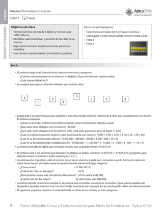 Texto Utilizable Única y Exclusivamente para Fines de Enseñanza - Aptus Chile10
Unidad Grandes números
NÚMEROSYOPERACIONES5ºBÁSICO
2 horas‹Clase 1
Objetivos de Clase
űű Formar números de más de 6 dígitos y menores que
1.000 millones
űű Identificar valor posicional y posición de las cifras de un
número.
űű Representar números en forma concreta, pictórica y
simbólica.
űű Leer números representados con símbolos y palabras.
Recursos pedagógicos
űű Tarjetones numerados del 0 al 9 para el profesor.
űű Cajitas para el valor posicional de números hasta la CM.
űű Ficha 1
űű Ficha 2
Inicio
•	 El profesor pega en el pizarrón estas tarjetas numeradas y pregunta:
űű ¿Cuántos números aparecen escritos en las tarjetas? (hay ocho números representados)
űű ¿Cuál número falta? (el 2)
•	 Les explica que jugarán a formar números con muchas cifras.
•	 Luego pide a un alumnos que pase adelante y con ellos escriba el menor número de 8 cifras que pueda formar (10 345 679).
El profesor pregunta:
űű ¿Cómo se lee? (diez millones trescientos cuarenta y cinco mil seiscientos setenta y nueve)
űű ¿Qué valor tiene el dígito 4 en el número? (40 000)
űű ¿Qué valor tiene el dígito 6 en el número? (600) ¿Qué valor posicional tiene el dígito 1? (DM)
űű ¿Cuál es la descomposición según el valor posicional de ese número? (1 DM + 3 CM + 4 DM + 5 UM + 6C + 7D + 9U)
űű ¿Cuál es su descomposición aditiva? (10 000 000 + 300 000 + 40 000 + 5 000 + 600 + 70 + 9)
űű ¿Cuál es su descomposición multiplicativa? (1 • 10 000 000 + 3 • 100 000 + 4 • 10 000 + 5 • 1 000 + 6 • 100 + 7 • 10 + 9)
•	 La misma actividad se repite para el mayor número que se puede formar (97 654 310)
•	 El profesor pide a los alumnos que observen los dígitos en ambos números 10.345.679 y 97.654.310 y pregunta ¿qué
relación existe? (se invierte el orden excepto por el 0 y 1).
•	 A continuación el profesor pide el número de rut de un alumno, le pide a un compañero que lo forme en el pizarrón
(debe tener dos set de tarjetas para las repeticiones de números) Luego pregunta:
űű ¿Cómo se lee? ( 22 960 542 -1)
űű ¿Cuál de las cifras es la mayor? ( el 9)
űű ¿Qué posición ocupa esta cifra dentro del número? (el 9 se ubica en la CM)
űű ¿Cuánto vale la cifra mayor? (la cifra mayor vale 900 000)
•	 La última cifra de un número siempre es la primera que se escribe, los números se escriben igual que las palabras de
izquierda a derecha, mientras más a la derecha las posiciones van bajando. Así se construye las tablas de valor posicional.
•	 El siguiente esquema muestra la ordenación de las cifras de un número en tres categorías:
6
1
9
4
0
7 3 5
 