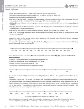 Texto Utilizable Única y Exclusivamente para Fines de Enseñanza - Aptus Chile18
Unidad Grandes números
NÚMEROSYOPERACIONES5ºBÁSICO
2 horas‹Clase 2
űű Calcular la cantidad de números a ubicar en ese segmento de recta (300 números)
űű Probar diferentes escalas de graduación: de 5 en 5 10 en 10 20 en 20 50 en 50 100 en 100.
űű Las siguientes pruebas pueden ayudar a decidir:
a)	 De 10 en 10 necesito ubicar 31 números (10 mayores a 200 y menores o iguales a 300; 10 más, mayores que 300 y me-
nores o iguales a 400 y por último 10 más, mayores que 400 y menores o iguales a 500)
b)	De 5 en 5 sería el doble que lo anterior ya que en cada tramo ahora se ubicarían 20 números. En total debo ubicar 61
números.
c)	 De 20 en 20 sería la mitad de números que en el caso a) de 10 en 10 ya que en cada tramo ahora se ubicarían 5 números.
En total serían 16 números a representar.
d)	De 50 en 50 sería más fácil ya que se ubicarían 7 números en total: 200, 250, 300, 350, 400, 450 y 500.
e)	De 100 en 100 no sería conveniente ya que se aleja demasiado de la tarea pedida: “ubicar los números del 200 al 500
en una recta graduada”
•	 Los alumnos deben concluir junto al profesor que la graduación más adecuada está en función de la tarea pedida y el
espacio que se dispone para hacerlo.
•	 En este caso la mejor solución está en la graduación de 20 en 20, porque los números quedan claramente identificados y
equidistantes (igual distancia) unos de otros.
•	 Ahora el profesor cambia la situación:“Necesito intercalar 10 números entre 200 y 500 ¿cómo puedo hacerlo?”
(varias respuestas)
•	 El profesor a continuación explica su procedimiento para intercalar
űű Dibujar un segmento de recta con extremos el 200 y el 500
űű Marcar 10 puntos equidistantes entre 200 y 500
űű Averiguar qué números pueden ubicarse en esos puntos.
•	 Una solución es dividir en 10 partes el tramo entre 200 y 500, esto es 300 : 10 = 30 Se podrían ubicar de 30 en 30 esos
números.
•	 Estos serían: 230, 260, 290, 320, 350, 380, 410, 440, 470, 500, pero 500 es extremo por lo que no considera“intercalado”
•	 Este tipo de problemas son complejos de resolver, porque para intercalar números, estos deben quedar ubicados de tal
manera que la distancia entre dos consecutivos sea la misma en todos los tramos donde están los números intercalados.
•	 Para dar una solución a este problema se puede modificar el enunciado, pidiendo intercalar 9 números entre 200 y 500.
Así la solución se muestra en la siguiente recta numérica:
				 “La recta muestra 9 números intercalados entre 200 y 500”
•	 Mientras los alumnos terminan de copiar el ejercicio sobre graduaciones para ubicar algunos números en la recta
numérica, el profesor reparte la Ficha 4 de trabajo a cada alumno (unos 40 minutos para hacer y corregir)
200 220 240 260 280 300 320 340 360 380 400 420 440 460 480 500
200 500
200 230 260 290 320 350 380 410 440 470 500
 
