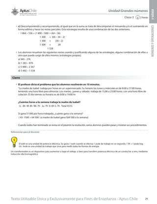Texto Utilizable Única y Exclusivamente para Fines de Enseñanza - Aptus Chile 29
Unidad Grandes números
NÚMEROSYOPERACIONES5ºBÁSICO
2 horas‹Clase 5
Cierre
•	 El profesor dicta el problema que los alumnos resolverán en 10 minutos.
“La madre de Isabel trabaja por horas en un supermercado. Su horario los lunes y miércoles es de 8:00 a 17:00 horas,
teniendo una hora libre para almorzar. Los martes , jueves y sábado trabaja de 15;00 a 23:00 horas, con una hora libre de
colación. El día viernes su horario es de 8:00 a 14:00 hr.
¿Cuántas horas a la semana trabaja la madre de Isabel?
(L : 8h M: 8h Mi: 7h Ju: 7h V: 6h S: 7h Total 43 h)
Si gana $1500 por hora trabajada, ¿cuánto gana a la semana?
( 43 ∙1500 = 64 500 La madre de Isabel gana $64 500 a la semana)
Cuando todos han terminado se revisa en el pizarrón la resolución, varios alumnos pueden pasar y mostrar sus procedimientos.
Referencias para el docente:
El watt es una unidad de potencia eléctrica. Se gasta 1 watt cuando se efectúa 1 joule de trabajo en un segundo. 1 W = 1 joule/seg
Un Joule es una unidad de trabajo que sirve para medir todas las formas de energía.
Un transformador es un dispositivo para aumentar o bajar el voltaje, o bien para transferir potencia eléctrica de un conductor a otro, mediante
inducción electromagnética
•	 c) Descomponiendo y recomponiendo, al igual que en la suma se trata de descomponer el minuendo y/o el sustraendo en
forma aditiva y hacer las restas parciales. Esta estrategia resulta de una combinación de las dos anteriores.
űű 1 864 – 536 = (1 800 – 500) + (64 – 36)
1 300 + (64 – 34 – 2)
1 300 + (30 – 2)
			 1 300 + 28
			 1 328
•	 Los alumnos resuelven las siguientes restas usando y justificando alguna de las estrategias, alguna combinación de ellas u
otra que pueda surgir de ellos mismos (estrategias propias).
a) 945 - 276
b) 1 365 – 876
c) 5 000 – 2 367
d) 3 492 – 1 534
	
  
 