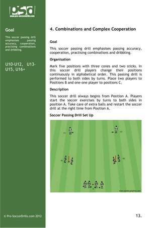 Goal
This soccer passing drill
emphasises
passing
accuracy, cooperation,
practising combinations
and dribbling.

4. Combinations and Complex Cooperation
Goal
This soccer passing drill emphasises passing accuracy,
cooperation, practising combinations and dribbling.
Organisation

U10-U12, U13U15, U16+

Mark five positions with three cones and two sticks. In
this soccer drill players change their positions
continuously in alphabetical order. This passing drill is
performed to both sides by turns. Place two players to
Positions B and one-one player to positions C.
Description
This soccer drill always begins from Position A. Players
start the soccer exercises by turns to both sides in
position A. Take care of extra balls and restart the soccer
drill at the right time from Position A.
Soccer Passing Drill Set Up

© Pro-SoccerDrills.com 2012

13.

 
