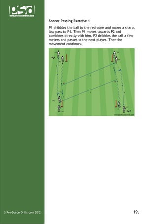 Soccer Passing Exercise 1
P1 dribbles the ball to the red cone and makes a sharp,
low pass to P4. Then P1 moves towards P2 and
combines directly with him. P2 dribbles the ball a few
meters and passes to the next player. Then the
movement continues.

© Pro-SoccerDrills.com 2012

19.

 