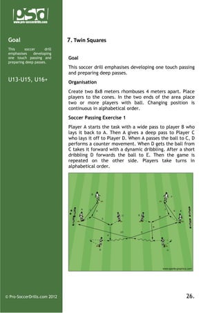 Goal
This
soccer
drill
emphasises
developing
one touch passing and
preparing deep passes.

7. Twin Squares
Goal
This soccer drill emphasises developing one touch passing
and preparing deep passes.

U13-U15, U16+

Organisation
Create two 8x8 meters rhombuses 4 meters apart. Place
players to the cones. In the two ends of the area place
two or more players with ball. Changing position is
continuous in alphabetical order.
Soccer Passing Exercise 1
Player A starts the task with a wide pass to player B who
lays it back to A. Then A gives a deep pass to Player C
who lays it off to Player D. When A passes the ball to C, D
performs a counter movement. When D gets the ball from
C takes it forward with a dynamic dribbling. After a short
dribbling D forwards the ball to E. Then the game is
repeated on the other side. Players take turns in
alphabetical order.

© Pro-SoccerDrills.com 2012

26.

 