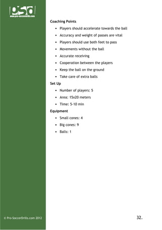 Coaching Points
• Players should accelerate towards the ball
• Accuracy and weight of passes are vital
• Players should use both feet to pass
• Movements without the ball
• Accurate receiving
• Cooperation between the players
• Keep the ball on the ground
• Take care of extra balls
Set Up
• Number of players: 5
• Area: 15x20 meters
• Time: 5-10 min
Equipment
• Small cones: 4
• Big cones: 9
• Balls: 1

© Pro-SoccerDrills.com 2012

32.

 