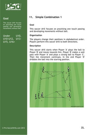 Goal
This soccer drill focuses
on practising one touch
passing and developing
movements without ball.

Under
U10,
U10-U12, U13U15, U16+

11. Simple Combination 1
Goal
This soccer drill focuses on practising one touch passing
and developing movements without ball.
Organisation
The players change their positions in alphabetical order.
Players perform this soccer drill to both directions.
Description
This soccer drill starts when Player 'A' plays the ball to
Player 'B' and moves towards him. Player 'B' makes a wall
pass with Player 'A' and plays a strong ball to Player 'C'.
Then the movement continues. In the end Player 'D'
dribbles the ball into the starting position.

© Pro-SoccerDrills.com 2012

35.

 