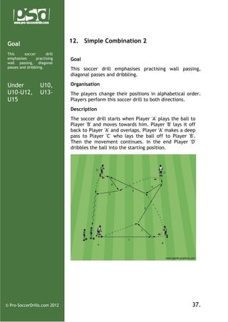 12. Simple Combination 2

Goal
This
soccer
drill
emphasises
practising
wall passing, diagonal
passes and dribbling.

Under
U10-U12,
U15

U10,
U13-

Goal
This soccer drill emphasises practising wall passing,
diagonal passes and dribbling.
Organisation
The players change their positions in alphabetical order.
Players perform this soccer drill to both directions.
Description
The soccer drill starts when Player 'A' plays the ball to
Player 'B' and moves towards him. Player 'B' lays it off
back to Player 'A' and overlaps. Player 'A' makes a deep
pass to Player 'C' who lays the ball off to Player 'B'.
Then the movement continues. In the end Player 'D'
dribbles the ball into the starting position.

© Pro-SoccerDrills.com 2012

37.

 