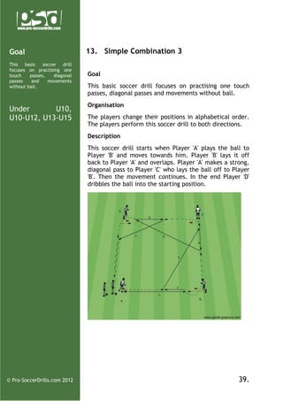Goal
This basic soccer drill
focuses on practising one
touch
passes,
diagonal
passes
and
movements
without ball.

Under
U10,
U10-U12, U13-U15

13. Simple Combination 3
Goal
This basic soccer drill focuses on practising one touch
passes, diagonal passes and movements without ball.
Organisation
The players change their positions in alphabetical order.
The players perform this soccer drill to both directions.
Description
This soccer drill starts when Player 'A' plays the ball to
Player 'B' and moves towards him. Player 'B' lays it off
back to Player 'A' and overlaps. Player 'A' makes a strong,
diagonal pass to Player 'C' who lays the ball off to Player
'B'. Then the movement continues. In the end Player 'D'
dribbles the ball into the starting position.

© Pro-SoccerDrills.com 2012

39.

 