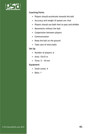 Coaching Points
• Players should accelerate towards the ball
• Accuracy and weight of passes are vital
• Players should use both feet to pass and dribble
• Movements without the ball
• Cooperation between players
• Communication
• Keep the ball on the ground
• Take care of extra balls
Set Up
• Number of players: 6
• Area: 12x12 m
• Time: 5 - 10 min
Equipment
• Small cones: 4
• Balls: 1

© Pro-SoccerDrills.com 2012

40.

 