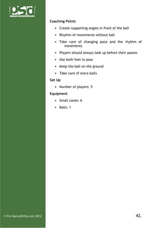 Coaching Points
• Create supporting angles in front of the ball
• Rhythm of movements without ball
• Take care of changing pace and the rhythm of
movements
• Players should always look up before their passes
• Use both feet to pass
• Keep the ball on the ground
• Take care of extra balls
Set Up
• Number of players: 5
Equipment
• Small cones: 6
• Balls: 1

© Pro-SoccerDrills.com 2012

42.

 