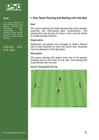 Goal
T his soccer passing drill
helps develop one touch
passing, receiving and
innervating
basic
combinations.
This
passing drill also focuses
on soccer vision and the
ability to create passing
channels.

U10-U12, U13U15, U16+

1. One Touch Passing and Rolling with the Ball
Goal
This soccer passing drill helps develop one touch passing,
receiving and innervating basic combinations. This
passing drill also focuses on soccer vision and the ability
to create passing channels.
Organisation
Equipment and players are arranged as shown. Players
stay in their positions all over this soccer drill. Distances
must be adequate to the age group.
Description
This soccer passing drill begins from one of the players
standing next to the sticks on the side. This passing drill
is performed with one ball.
Soccer Passing Drill Set Up

© Pro-SoccerDrills.com 2012

5.

 