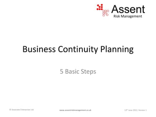 Risk Management
© Associate Enterprises Ltd 13th June 2012, Version 1www.assentriskmanagement.co.uk
Business Continuity Planning
5 Basic Steps
 