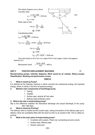 UNIT V POSITIVE DISPLACEMENT MACHINES 11
Recriprocating pumps, Indicator diagrams, Work saved by air vessels. Rotory pumps.
Classification. Working and performance curves.
PART-A
1. What is meant by Pump?
It is defined as the hydraulic machine in which converts the mechanical energy into hydraulic
energy, which is mainly in the form of pressure energy.
2. Mention main components of Centrifugal pump.
 Casing
 Impeller
 Suction pipe, strainer & Foot valve
 Delivery pipe & Delivery valve
3. What is the slip in reciprocating pump?
Slip is the difference between the theoretical discharge and actual discharge of the pump.
Slip= Qth-Qact.
4. What is meant by Priming?
The delivery valve is closed and the suction pipe, casing and portion of the delivery pipe up to
delivery valve are completely filled with the liquid so that no air pocket is left. This is called as
priming.
5. What is the main parts of reciprocating pump?
 A cylinder with a piston, Piston rod, connecting rod and a crank.
 Suction pipe, Delivery pipe.
 Suction valve and
- 33 -
 