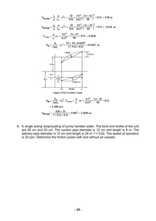6. A single acting reciprocating of pump handles water. The bore and stroke of the unit
are 20 cm and 30 cm. The suction pipe diameter is 12 cm and length is 8 m. The
delivery pipe diameter is 12 cm and length is 24 m. f = 0.02. The speed of operation
is 32 rpm. Determine the friction power with and without air vessels.
- 39 -
 