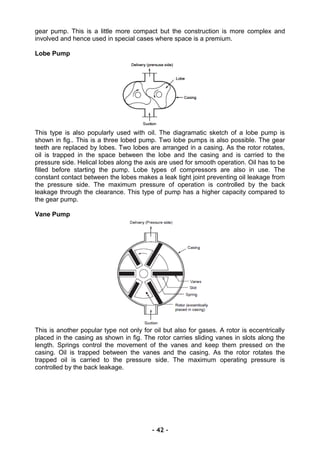 gear pump. This is a little more compact but the construction is more complex and
involved and hence used in special cases where space is a premium.
Lobe Pump
This type is also popularly used with oil. The diagramatic sketch of a lobe pump is
shown in fig.. This is a three lobed pump. Two lobe pumps is also possible. The gear
teeth are replaced by lobes. Two lobes are arranged in a casing. As the rotor rotates,
oil is trapped in the space between the lobe and the casing and is carried to the
pressure side. Helical lobes along the axis are used for smooth operation. Oil has to be
filled before starting the pump. Lobe types of compressors are also in use. The
constant contact between the lobes makes a leak tight joint preventing oil leakage from
the pressure side. The maximum pressure of operation is controlled by the back
leakage through the clearance. This type of pump has a higher capacity compared to
the gear pump.
Vane Pump
This is another popular type not only for oil but also for gases. A rotor is eccentrically
placed in the casing as shown in fig. The rotor carries sliding vanes in slots along the
length. Springs control the movement of the vanes and keep them pressed on the
casing. Oil is trapped between the vanes and the casing. As the rotor rotates the
trapped oil is carried to the pressure side. The maximum operating pressure is
controlled by the back leakage.
- 42 -
 