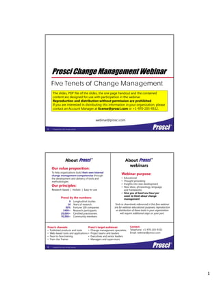1
Prosci Change Management Webinar
Five Tenets of Change Management
The slides, PDF file of the slides, the one page handout and the contained
content are designed for use with participation in the webinar.
Copyright Prosci 2014. All rights reserved.1
webinar@prosci.com
Reproduction and distribution without permission are prohibited.
If you are interested in distributing this information in your organization, please
contact an Account Manager at license@prosci.com or +1-970-203-9332.
Our value proposition:
To help organizations build their own internal
change management competencies through
the development and delivery of tools and
methodologies
O i i l
About Prosci
®
Webinar purpose:
• Educational
• Thought provoking
• Insights into new development
About Prosci
®
webinars
Our principles:
Research-based | Holistic | Easy-to-use
Prosci by the numbers:
8
16
80%
3400+
20,000+
70,000+
Longitudinal studies
Years of research
Fortune 100 companies
Research participants
Certified practitioners
Community members
s g ts to e de e op e t
• New ideas, phraseology, language,
and frameworks
• Give you at least one hour per
week to think about change
management
Tools or downloads referenced in this free webinar
are for webinar educational purposes; reproduction
or distribution of these tools in your organization
will require additional steps on your part.
Copyright Prosci 2014. All rights reserved.
Prosci’s target audiences:
• Change management specialists
• Project teams and leaders
• Executives and senior leaders
• Managers and supervisors
Prosci’s channels:
• Published products and tools
• Web-based tools and applications
• Face-to-face training
• Train-the-Trainer
70,000+ Community members
Contact:
Telephone: +1-970-203-9332
Email: webinar@prosci.com
2
 