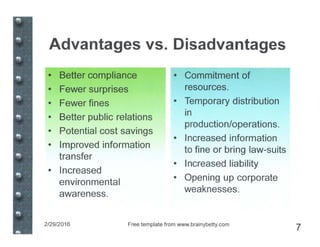 Advantages vs. Disadvantages
• Better compliance
• Fewer surprises
• Fewer fines
• Better public relations
• Potential cost savings
• Improved information
transfer
• Increased
environmental
awareness.
• Commitment of
resources.
• Temporary distribution
.
In
production/operations.
• Increased information
to fine or bring law-suits
• Increased liability
• Opening up corporate
weaknesses.
2/29/2016 Free template from www.brainybetty.com
7
 