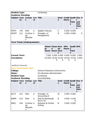 Transcript Credit Hours Examples Transcript | DOCX