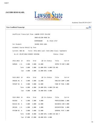 1/4/2017
1/4
JACOBS ROSS KARL    
Academic Term SP 2016­2017
View Unofficial Transcript Help
       
         
        Unofficial Transcript from: LAWSON STATE COLLEGE 
         
                                    3060 WILSON ROAD SW 
         
                                    BIRMINGHAM      AL 35221 1717 
         
        For Student:                JACOBS ROSS KARL 
         
        Academic Course Detail by Term 
         
        Current: BAD AA     First: SP12‐2013 Last: SU15‐2016 Class: Sophomore 
         
          As of: 05/07/2014 DEGREE SEEKING                  Status: Clear 
         
         
         
        SP12‐2013  Gr     Attm    Ernd       QP Crs Status    Title       Sch Hr 
         
        HUM101   2 A     3.000   3.000   12.000               INTRO TO HUM 3.000 
         
                  Term   3.000   3.000   12.000 GPA: 4.000 CIB AAS 
         
                   Cum   3.000   3.000   12.000 GPA: 4.000 
         
         
         
        SU12‐2013  Gr     Attm    Ernd       QP Crs Status    Title       Sch Hr 
         
        ENG101 01  A     3.000   3.000   12.000               ENGLISH COMP 3.000 
         
        SPH107 01  A     3.000   3.000   12.000               FUND OF PUBL 3.000 
         
                  Term   6.000   6.000   24.000 GPA: 4.000 CIB AAS 
         
                   Cum   9.000   9.000   36.000 GPA: 4.000 
         
         
         
        FA13‐2014  Gr     Attm    Ernd       QP Crs Status    Title       Sch Hr 
         
        BUS202     A     1.000   1.000    4.000               PROFESSIONAL 1.000 
         
        BUS215 01  A     3.000   3.000   12.000               BUSINESS COM 3.000 
         
        ORI101   2 A     1.000   1.000    4.000               ORIENTATION  1.000 
         
        PSY200 01  A     3.000   3.000   12.000               GENERAL PSYC 3.000 
         
                  Term   8.000   8.000   32.000 GPA: 4.000 CIB AAS Y 
         
                   Cum  17.000  17.000   68.000 GPA: 4.000 
         
 