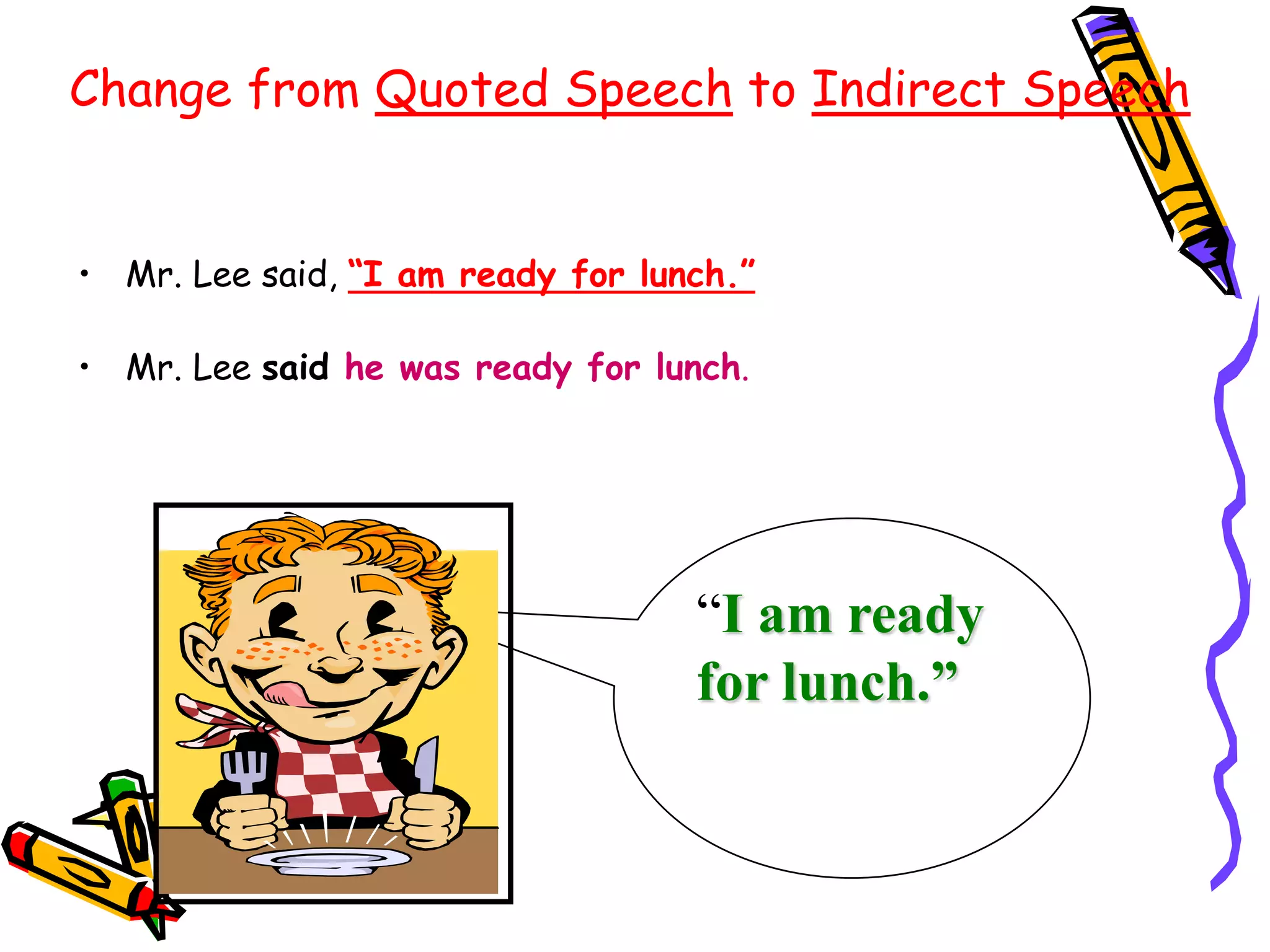 “I am ready
for lunch.”
Change from Quoted Speech to Indirect Speech
• Mr. Lee said, “I am ready for lunch.”
• Mr. Lee said he was ready for lunch.
 