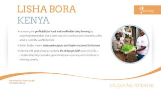 UNLOCKING POTENTIAL
AN INTRODUCTION TO EWB
PARTNEREWB.CA
LISHA BORA
KENYA
Increasing the proﬁtability of rural and smallholder dairy farming by
providing better fodder that is lower cost, rich, nutritious and consistent, unlike
what is currently used by farmers.
Better fodder means increased outputs and higher incomes for farmers
Informal milk production accounts for 4% of Kenya’s GDP (over US$2.2B) —
LishaBora has the potential to grow the Kenyan economy and contribute to
reducing poverty.
 