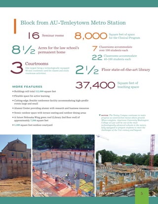 MORE FEATURES
• Buildings will total 312,000 square feet
• Flexible space for active learning
• Cutting-edge, flexible conference facility accommodating high-profile
events large and small
• Alumni Center providing alumni with research and business resources
• Scenic outdoor space with terrace seating and outdoor dining areas
• A future Nebraska Wing green roof (Library 2nd floor roof) of
approximately 7,200 square feet
• 5,400 square foot outdoor courtyard 
JUNE 2014
7
Classrooms accommodate
over 100 students each
22
Classrooms accommodate
40-100 students each
1
Block from AU-Tenleytown Metro Station
8½ Acres for the law school’s
permanent home
16 
Seminar rooms
3
Courtrooms
	 (the largest being a technologically equipped
60 seat courtroom used for classes and mock
courtroom activities)
8,000 Square feet of space
for the Clinical Program
2½
Floor state-of-the-art library
37,400 Square feet of
teaching space
JULY 2014
t bottom: The Tenley Campus continues to make
progress as construction moves above ground.
When complete, American University Washington
College of Law will be one of the most
technologically advanced schools in the nation,
fully equipped to prepare students to meet the
challenges of the 21st century and beyond.
5
 