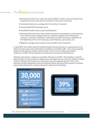 © Alta Resources. All rights reserved.*Stats, with the exception of mobile, are from e-store launch to September 2016, approximately.
The Results (continued)
	 •	Achieved more than four million site visits and $21.3 million in sales at retail pricing
		 (incremental revenue that did not exist prior to the launch of the site)
	 •	Converted visitors at an average rate of more than 5.5 percent
	 •	Transacted 243,275 purchases online
	 •	Exceeded first-year revenue goals by 84 percent
	 •	Decreased the parts return rate to below two percent (compared to a seven-percent
		 return rate from phone-based orders via customer support), demonstrating an
		 increase in customer confidence in self-service as well as serving as a testament to
		 the helpfulness of the online resources, search features, parts visuals, etc.
	 •	Netted an average cost to serve of more than $5.37 per transaction
In early 2014, the e-store received mobile-friendly enhancements as an increasing amount of
traffic and transactions were attributed to smartphone and tablet traffic. This move prevented
isolation of the growing mobile customer base. In fact, prior to mobile optimization,
10 percent of traffic and two percent of transactions occurred via mobile devices.
Following optimization, mobile accounted for 39 percent of traffic. This signified a customer
base that was not only self-service adoptive but also digital savvy. In fact, the migration toward
mobile is fitting for this audience, as most parts customers typically perform their online
searches and parts diagnoses at the job scene/site where they have direct access to windows
(versus being tethered to a wired computer far away from the window).
 