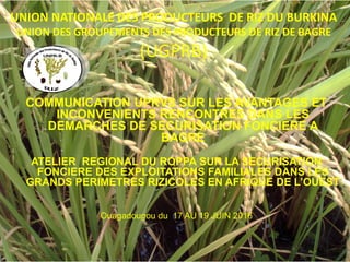 UNION NATIONALE DES PRODUCTEURS DE RIZ DU BURKINA
UNION DES GROUPEMENTS DES PRODUCTEURS DE RIZ DE BAGRE
(UGPRB)
COMMUNICATION UPRVS SUR LES AVANTAGES ET
INCONVENIENTS RENCONTRES DANS LES
DEMARCHES DE SECURISATION FONCIERE A
BAGRE
ATELIER REGIONAL DU ROPPA SUR LA SECURISATION
FONCIERE DES EXPLOITATIONS FAMILIALES DANS LES
GRANDS PERIMETRES RIZICOLES EN AFRIQUE DE L’OUEST
Ouagadougou du 17 AU 19 JUIN 2016
 