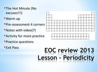 EOC review 2013
Lesson - Periodicity
•The Hot Minute (No
excuses!!!)
•Warm up
•Pre-assessment 4 corners
•Notes with video(?)
•Activity for more practice
•Practice questions
•Exit Pass
 
