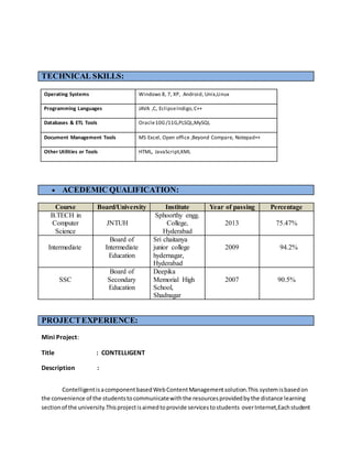 TECHNICAL SKILLS:
Operating Systems Windows 8, 7, XP, Android, Unix,Linux
Programming Languages JAVA ,C, EclipseIndigo,C++
Databases & ETL Tools Oracle10G/11G,PLSQL,MySQL
Document Management Tools MS Excel, Open office ,Beyond Compare, Notepad++
Other Utilities or Tools HTML, JavaScript,XML
 ACEDEMIC QUALIFICATION:
Course Board/University Institute Year of passing Percentage
B.TECH in
Computer
Science
JNTUH
Sphoorthy engg.
College,
Hyderabad
2013 75.47%
Intermediate
Board of
Intermediate
Education
Sri chaitanya
junior college
hydernagar,
Hyderabad
2009 94.2%
SSC
Board of
Secondary
Education
Deepika
Memorial High
School,
Shadnagar
2007 90.5%
PROJECTEXPERIENCE:
Mini Project:
Title : CONTELLIGENT
Description :
ContelligentisacomponentbasedWebContentManagementsolution.This systemisbasedon
the convenience of the studentstocommunicatewiththe resourcesprovidedbythe distance learning
sectionof the university.Thisprojectisaimedtoprovide servicestostudents overInternet,Eachstudent
 